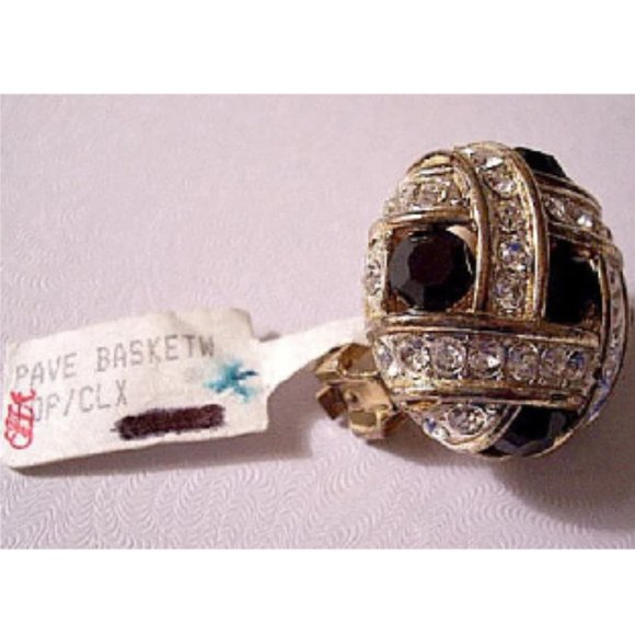 Black Basketweave Crystal Clip On Earrings Gold Vintage Saks Fifth Ave Tagged - Picture 2 of 2